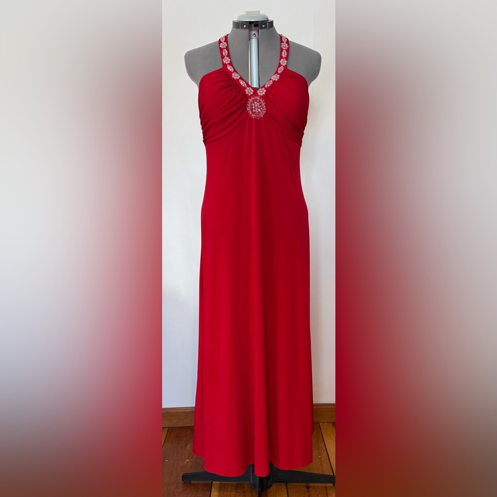 Red Beaded Halter Neck Dress with Embellishments.  Size 14